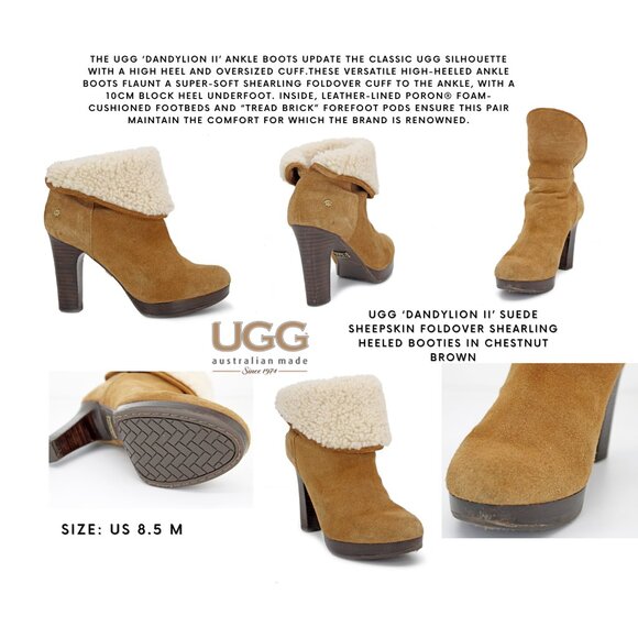 UGG ‘Dandylion II’ Suede Sheepskin Foldover Shearling Heeled Booties in Chestnut - Picture 1 of 10